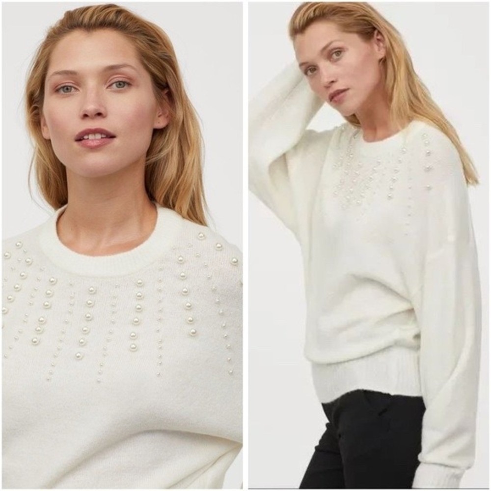 H&M Women's White Pearl Embellished Crew Neck Sweater XS NWT